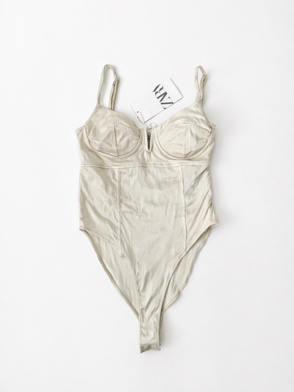 NWT ZARA Cream Satin Bodysuit S Bustier Corset Top Minimalist Chic Stretch Sexy